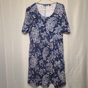 Lands End Dress Womens M Medium Navy Blue Floral Pockets Banded Waist